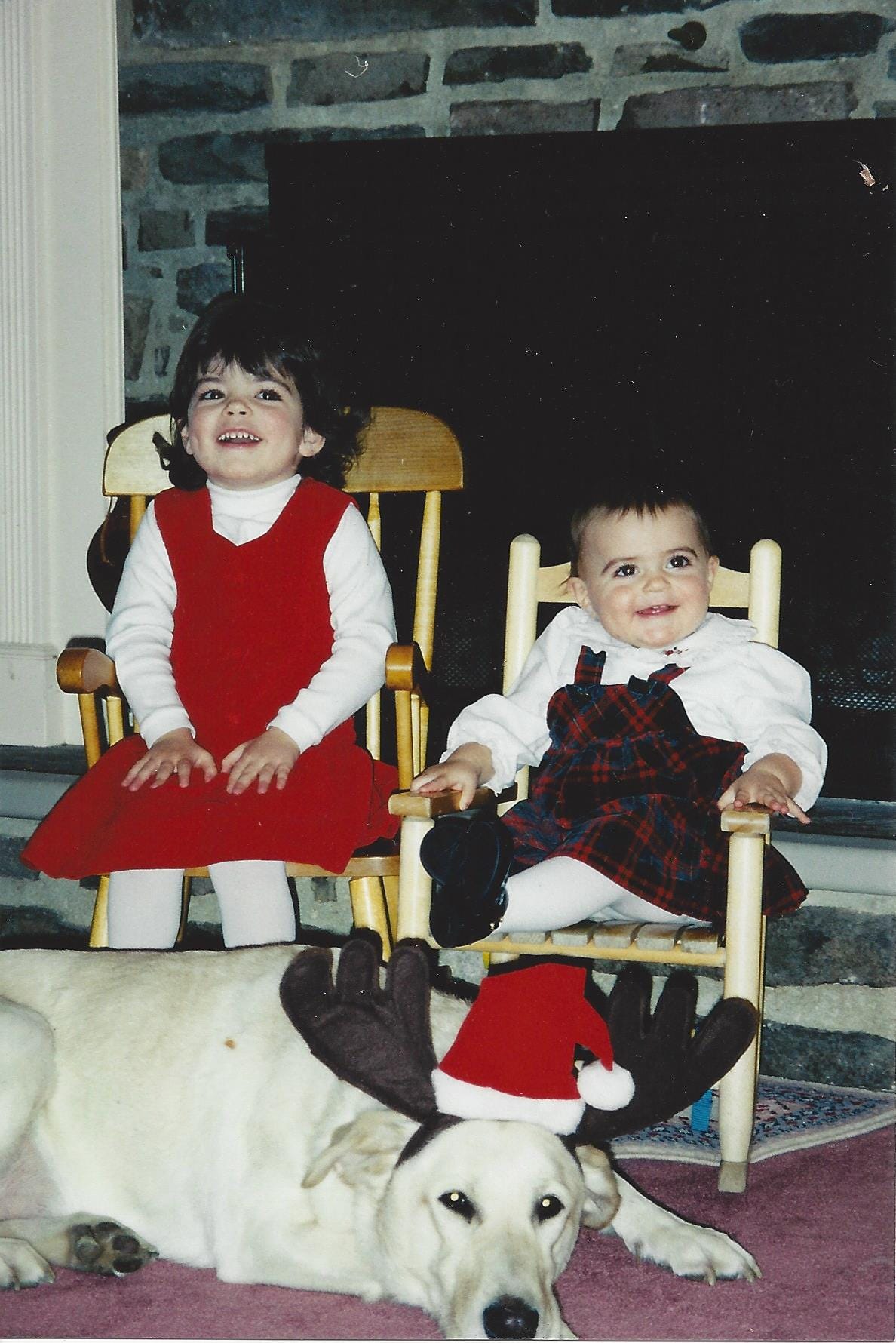 Two toddler girls in their Christmas dresses sit in little rocking chairs in front of a fireplace. The family dog, who's laying in front of them, is wearing reindeer antlers Two toddler girls in their Christmas dresses sit in little rocking chairs in front of a fireplace. The family dog, who's laying in front of them, is wearing reindeer antlers