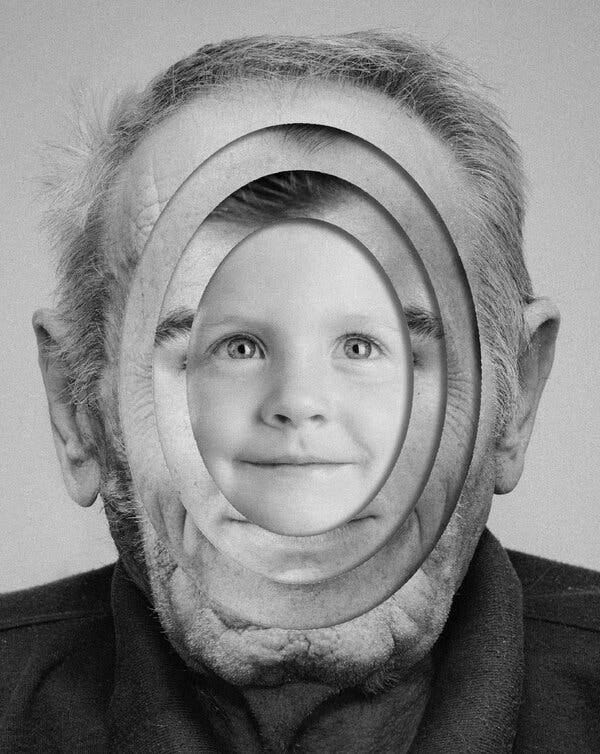A black-and-white photo illustration depicts an older man’s head, with concentric ovals of younger and younger faces, culminating in a young child’s face in the center.
