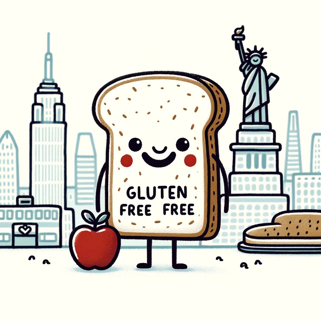 Create a simple, hand-drawn illustration of a single anthropomorphic gluten-free food item, such as a happy slice of gluten-free bread, in New York City. Use a minimal amount of color to add charm and life to the character, while keeping the background mostly white. Incorporate a subtle New York City emblem, like a small apple or a tiny Statue of Liberty torch, to suggest the location. The style should be whimsical and endearing, similar to the previously attached drawings.
