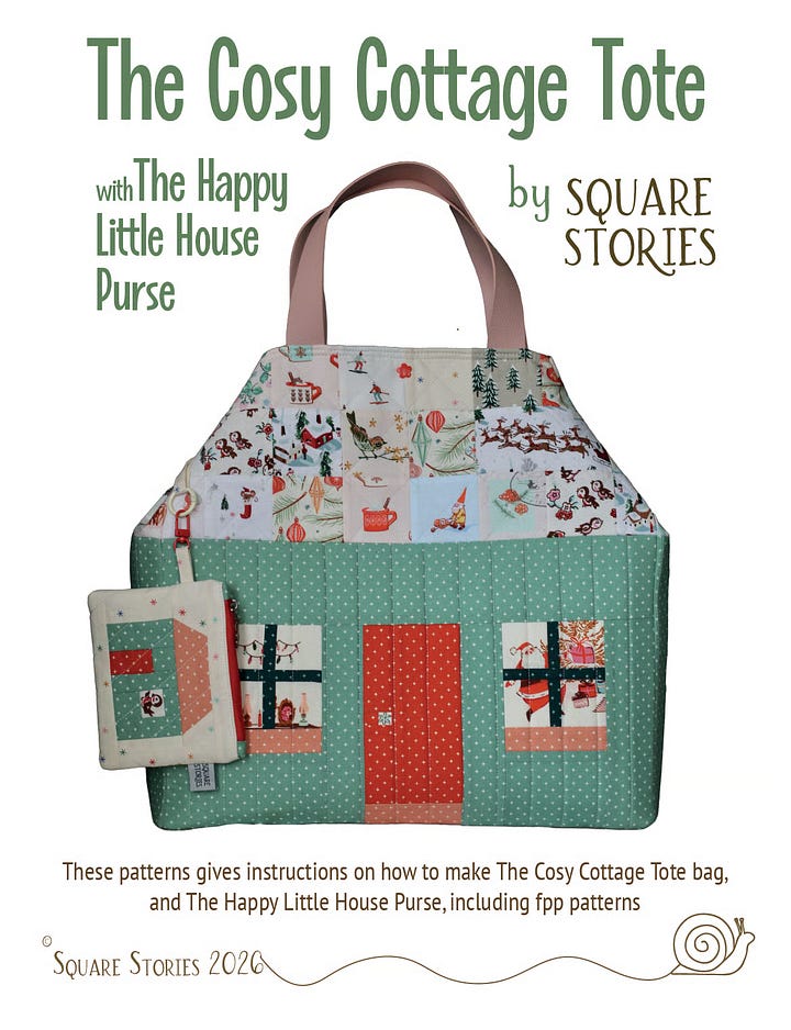 First photo: a pink dress with clear plastic pockets holding trinkets all over it.  Second photo: a quilted tote and key chain that look like a cottage and house.