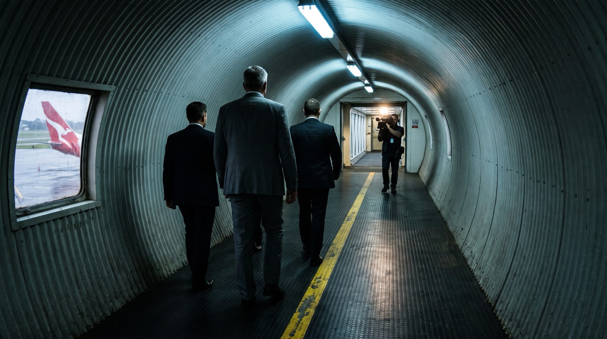 Three men seen from behind walking down an airport aerobridge toward a waiting television camera, no faces visible Three men seen from behind walking down an airport aerobridge toward a waiting television camera, no faces visible