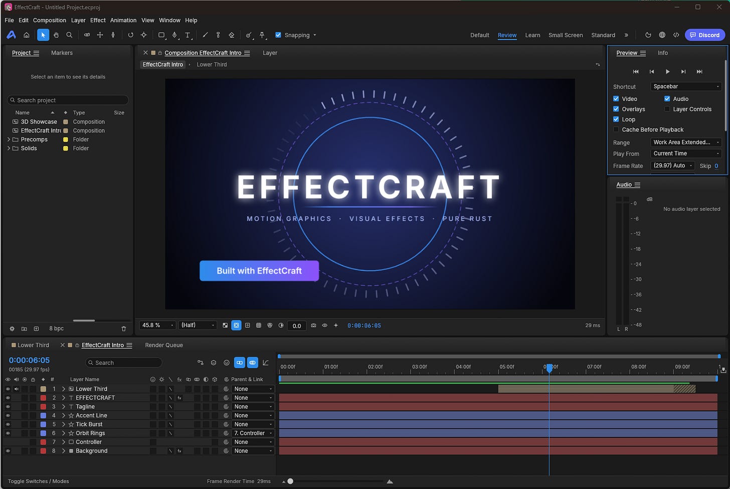 EffectCraft timeline during Popular AI testing of a complex motion project.