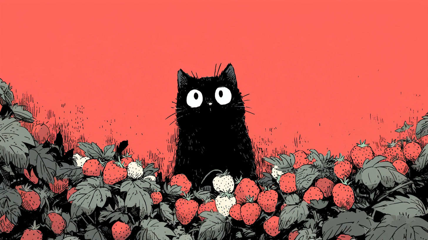 A wide-eyed black cat sits among a patch of strawberries, its curious expression contrasting with the bright red background. Lush green leaves frame the scene, while red and white strawberries surround the cat, creating a whimsical and striking composition.