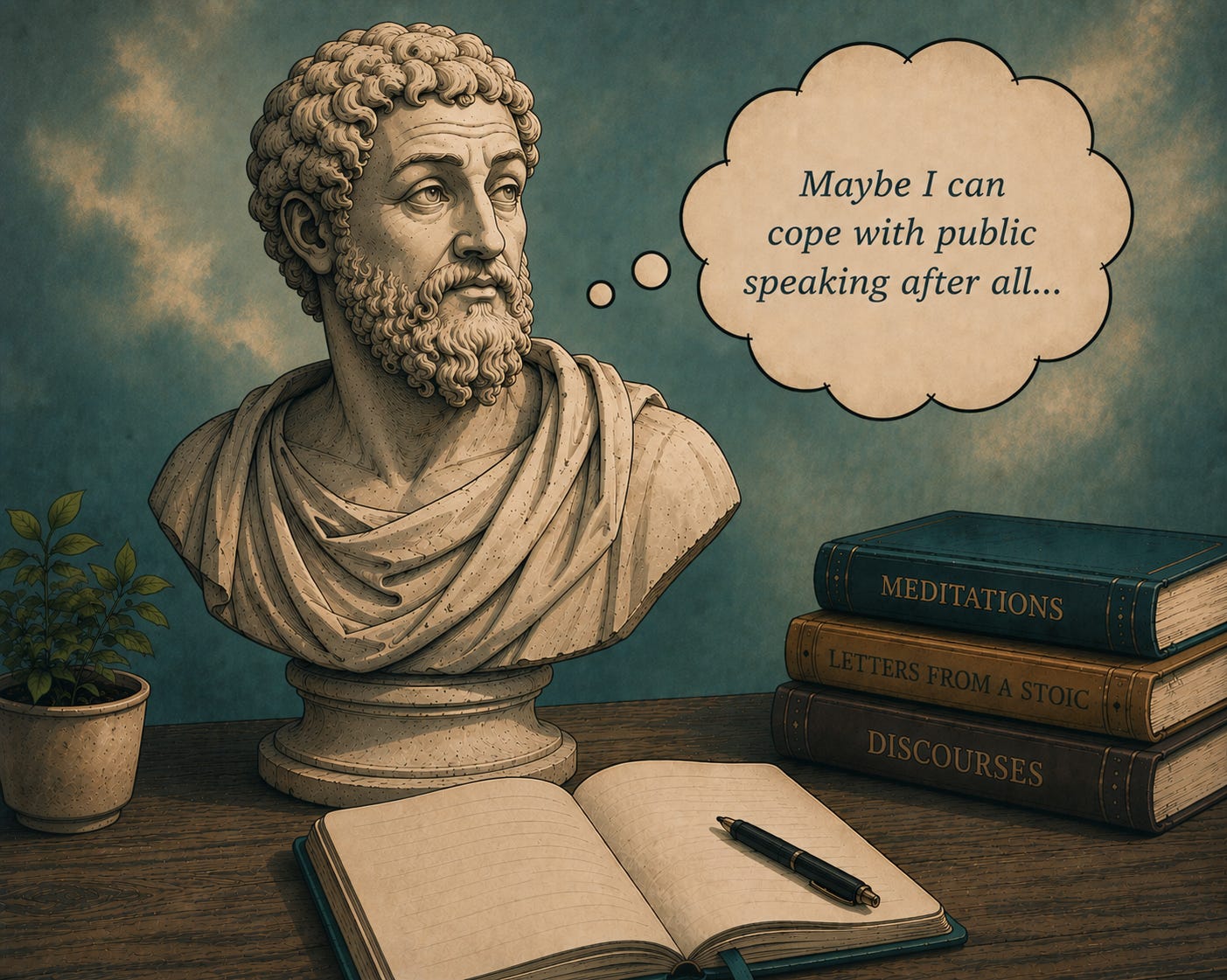A classical marble bust sits on a wooden desk beside an open, blank journal, pen, books, and a small plant. A thought bubble shows the statue thinking that maybe he can cope with his fear of public speaking after all.
