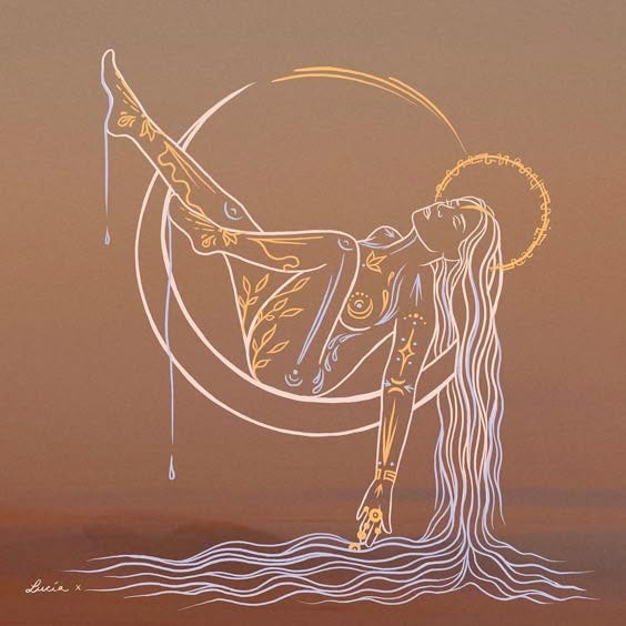 This may contain: a drawing of a woman with long hair standing in the water