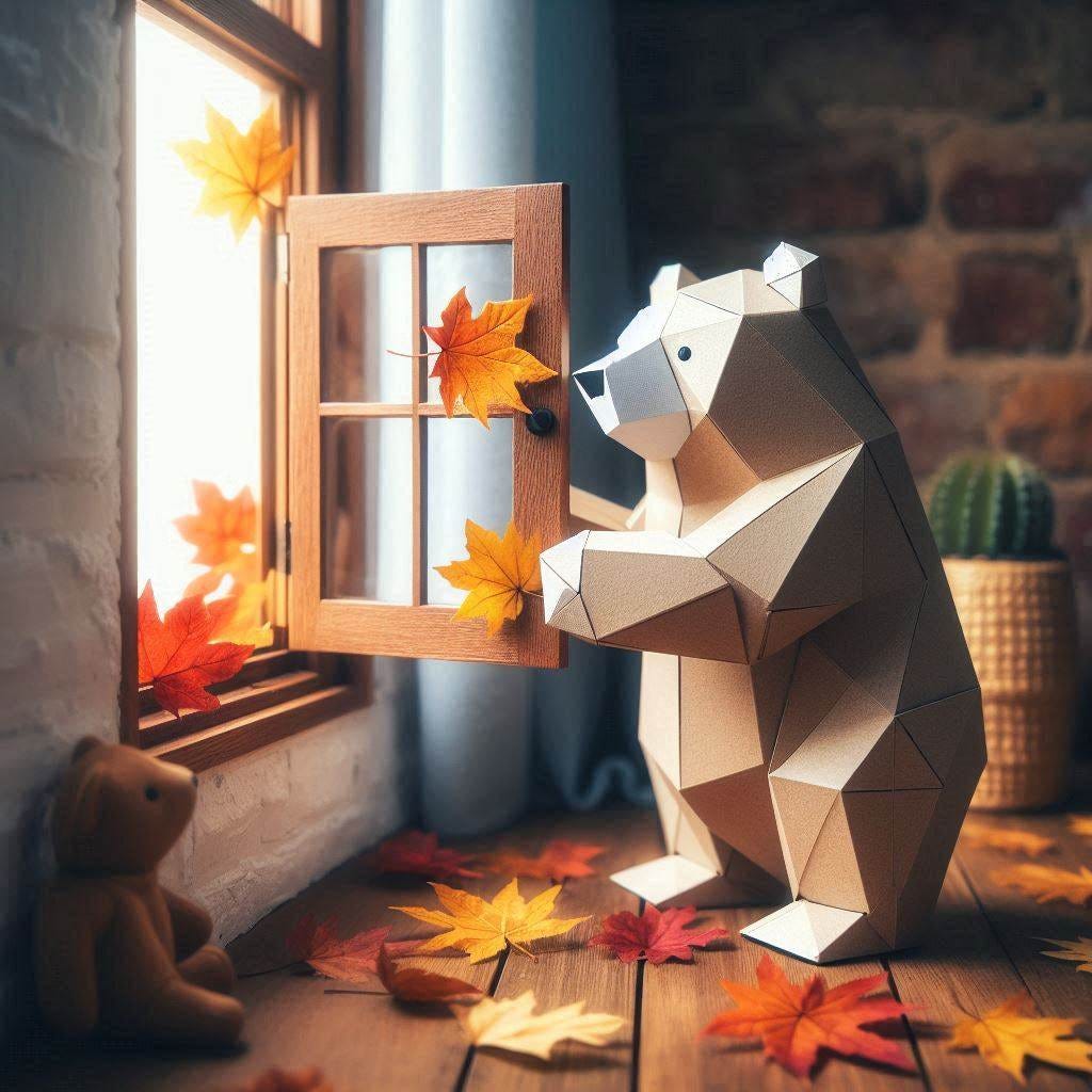 oragami bear in his house, closing the window on a cool fall day