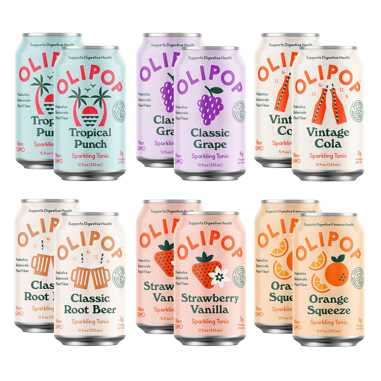 Olipop - 6-Flavor Sparkling Tonic Variety Pack, Prebiotic Soda Sampler,  Contains Rich in Botanicals, 9g of Dietary Plant Fiber, 2-5g Sugar per Can,  ...