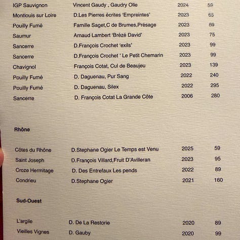 Wine list at Mantra restaurant in Paris