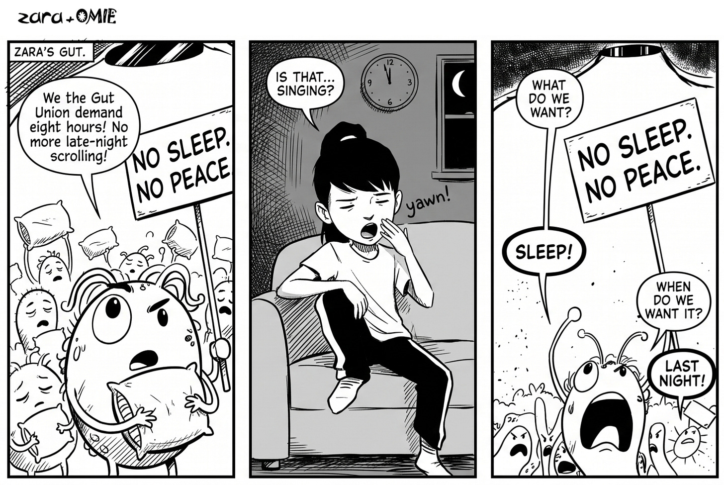 Inside Zara’s gut, microbes organize a humorous protest demanding eight hours of sleep and chanting, “What do we want? Sleep! When do we want it? Last night!” Zara, yawning on the couch after staying up late, wonders if she hears singing.