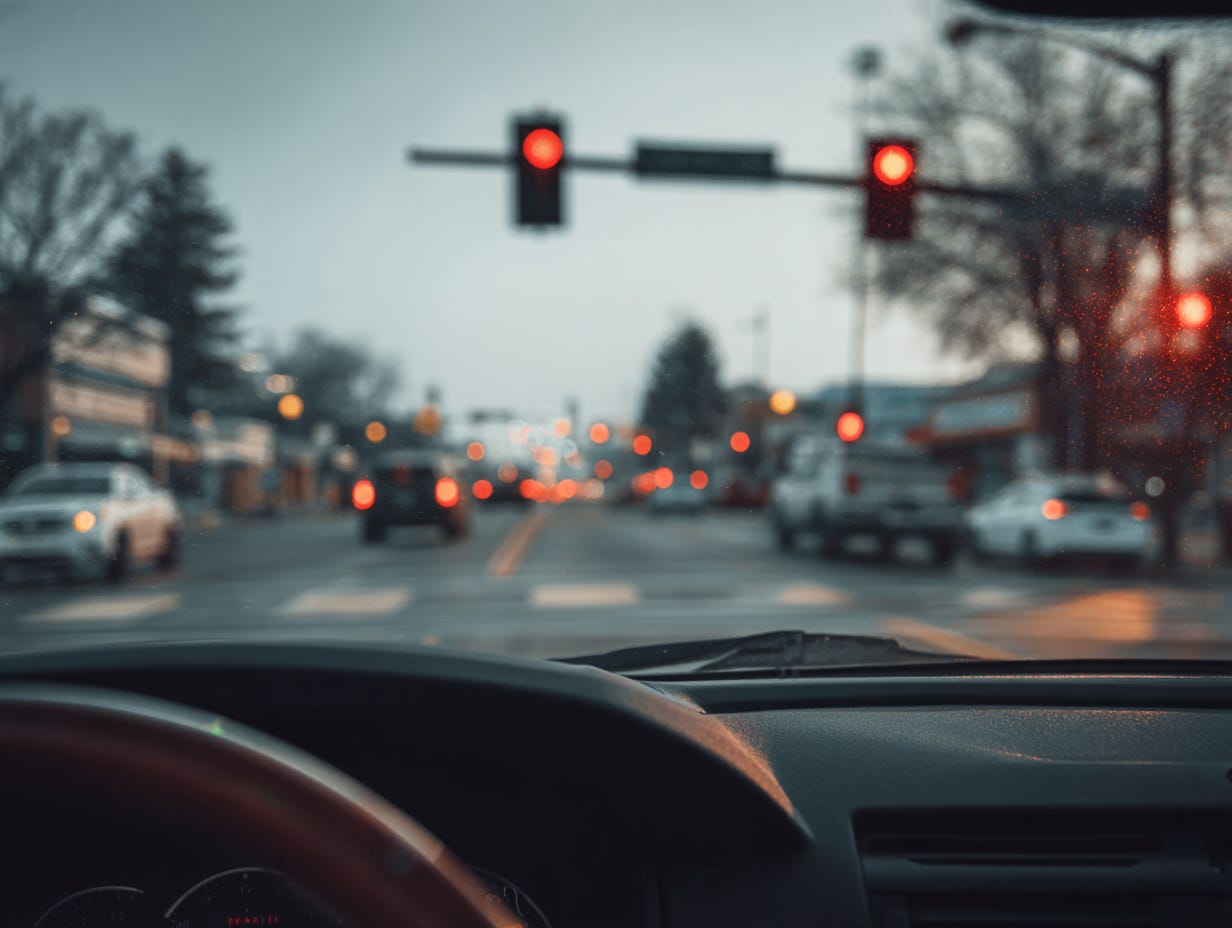 Driver’s-eye view through a clean windshield at a red light on a city street; dashboard at the bottom, blurred cars and glowing red signals ahead.