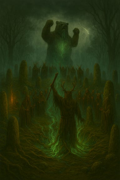 A dark fantasy illustration of the ritual at Yester Hill before Wintersplinter is born. The summit is encircled by ancient standing stones carved with druidic glyphs, glowing faintly in the mist. Thirteen druids in antlered headdresses and tattered robes chant in a wide circle, their hands raised toward a massive statue of a primal tree-creature. The earth trembles, but Wintersplinter has not yet emerged. Green energy pulses from the statue’s chest, casting eerie light across the fog. A storm brews overhead, lightning flickering silently. The atmosphere is tense, reverent, and charged with ancient power.