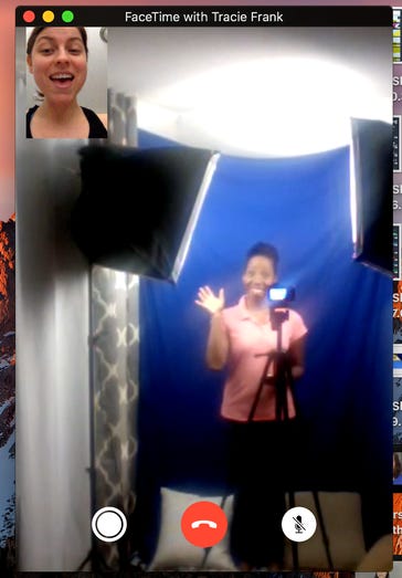 Spurgeon on a video call with actor Tracie Frank.