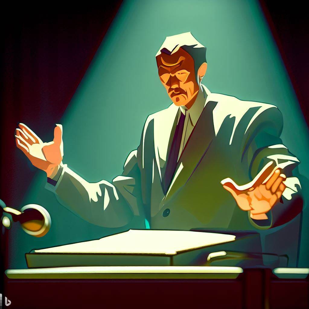 a prosecutor presents an indictment,, dramatic lighting, art deco, cartoon