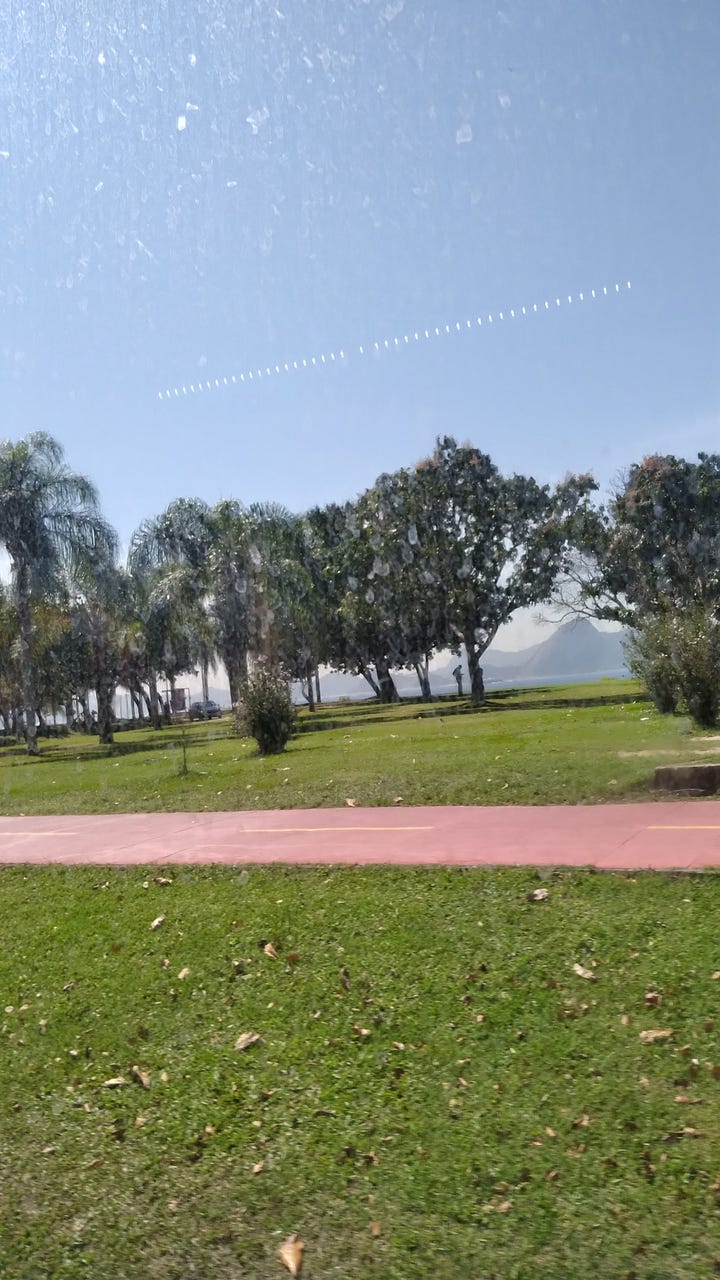 Paisagens de parque gramado, com árvores frondosas, e ao fundo a Baía de Guanabara e a Serra do Mar