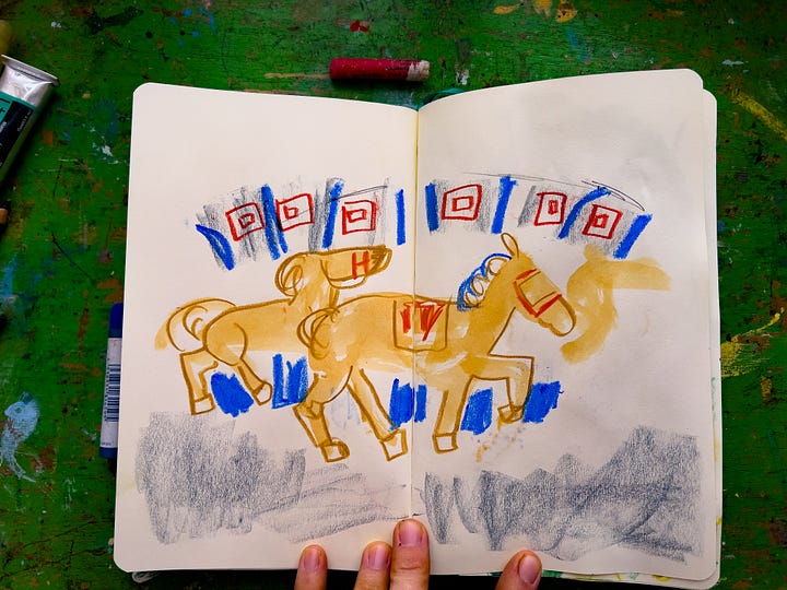 illustrations of women, a carousel and a landscape by Beth Spencer