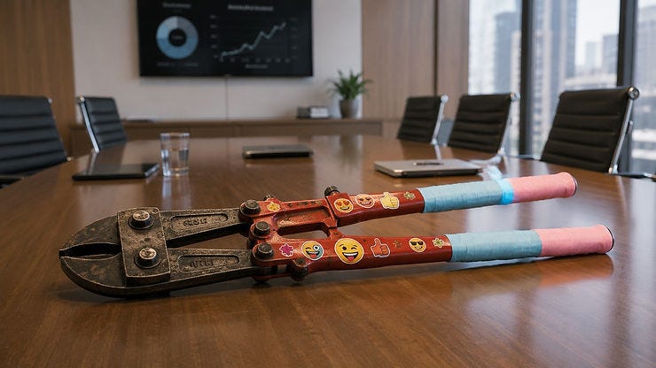 Cizalla industrial roja con empuñaduras en colores pastel y pegatinas de emojis sonrientes, colocada sobre una mesa elegante de sala de juntas.