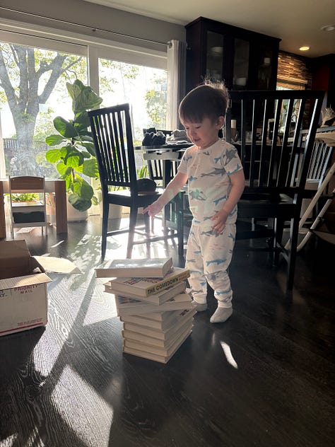 Young book lover Max stacks books, then reads them, and then prepares to stock little libraries with them