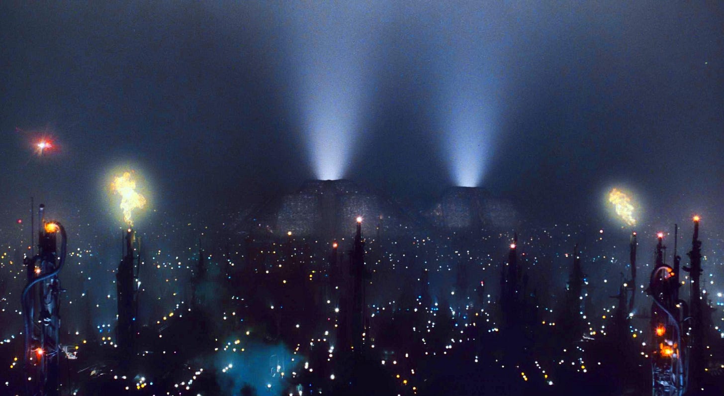 Die dystopischen Stadtanlagen aus dem Film Blade Runner (Ridley Scott, 1982)