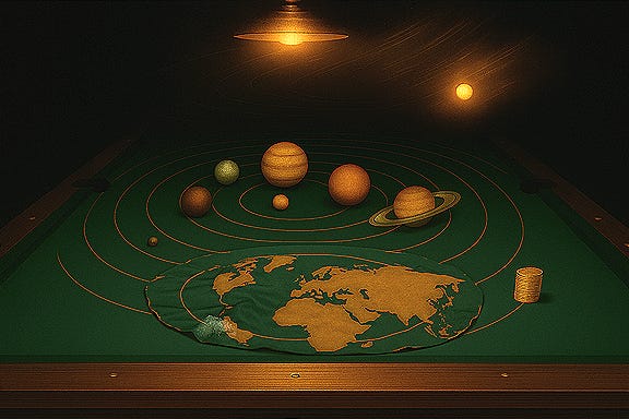 Create a symbolic image of a pool table with Earth at the center, visibly deflating with a gust of air escaping. The Earth is beginning to flatten and spread across the table surface. Above the table, show the planets orbiting Earth. Depict the Sun as a swinging light fixture in one position, with motion trails behind it. The room is dark except for the illuminated table, with constellations flickering in the surrounding void. Style: mythic, surreal, symbolic.