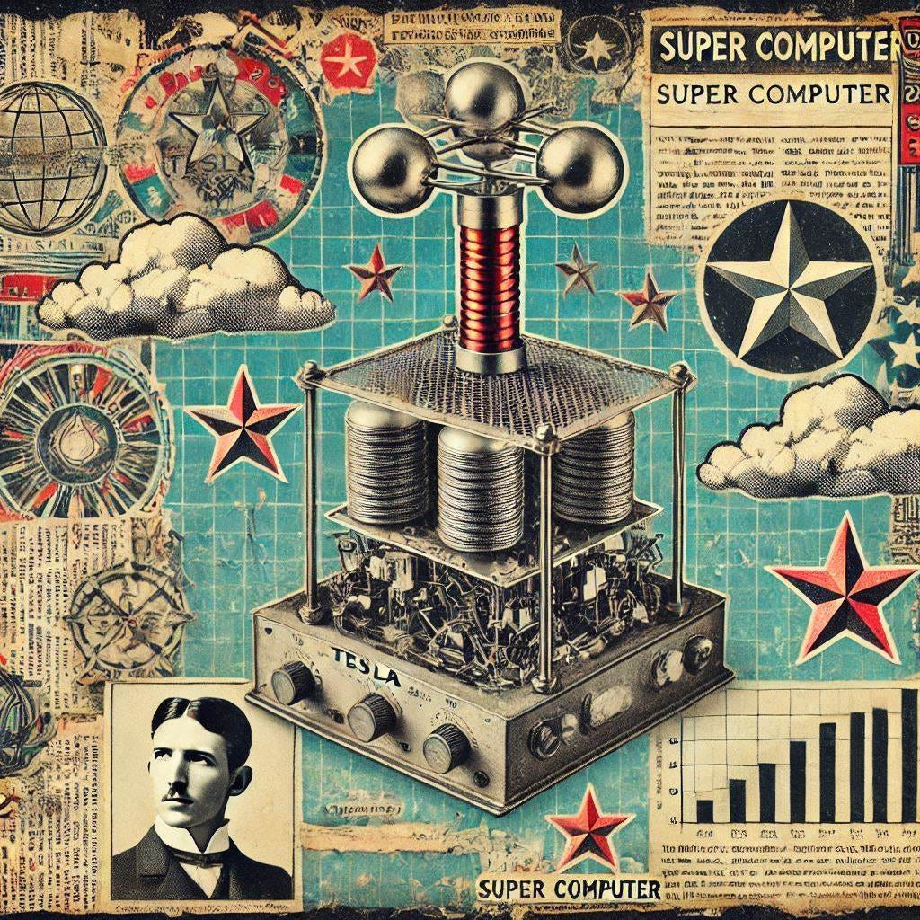 a scrap book style collage of newspaper and magazine clippings featuring a tesla coil jutting out of a super computer, also feature five pointed stars, and clouds