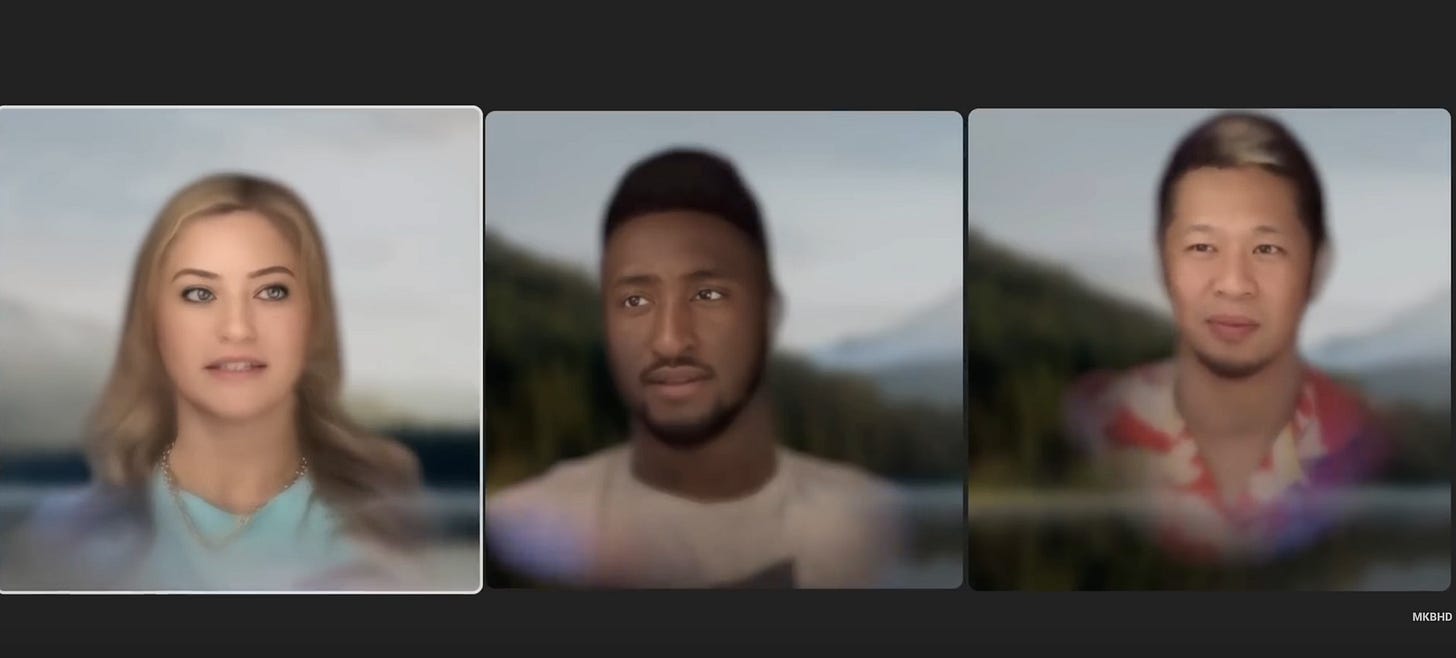 a screenshot of MKBHD’s review video of the apple vision pro, showing the facetimes feature. a screenshot of MKBHD’s review video of the apple vision pro, showing the facetimes feature.