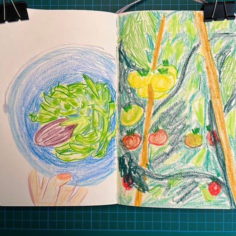 Photos des 5 dessins de légumes dans le jardin (cornichons, aubergines, tomates, poivrons).