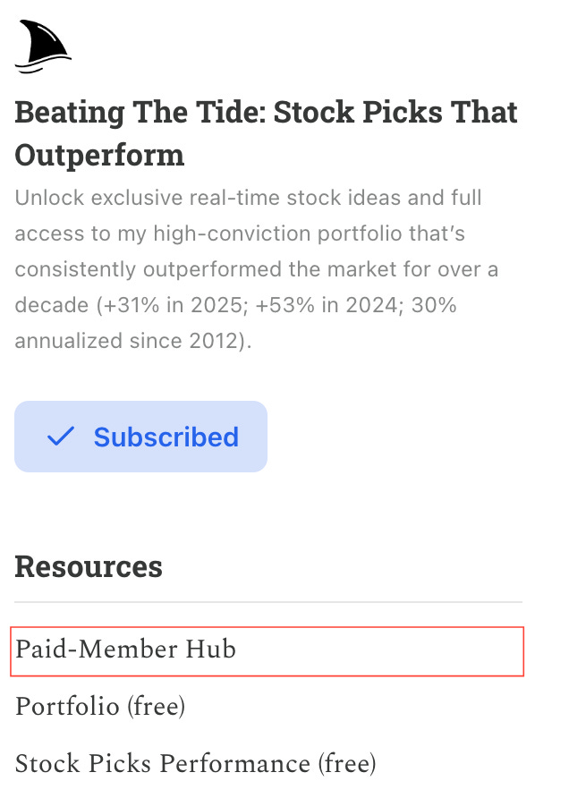 Beating The Tide Paid-Member Hub screenshot showing resources section and navigation improvements for premium investing subscribers