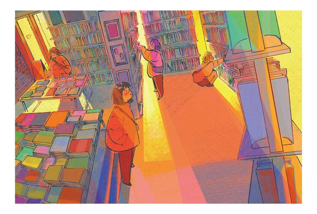 Illustration by Shuning Ji depicting a warmly lit comic book shop interior with vibrant, saturated colours. Four figures browse shelves and tables filled with books, creating a calm, reflective atmosphere. Illustration by Shuning Ji depicting a warmly lit comic book shop interior with vibrant, saturated colours. Four figures browse shelves and tables filled with books, creating a calm, reflective atmosphere.