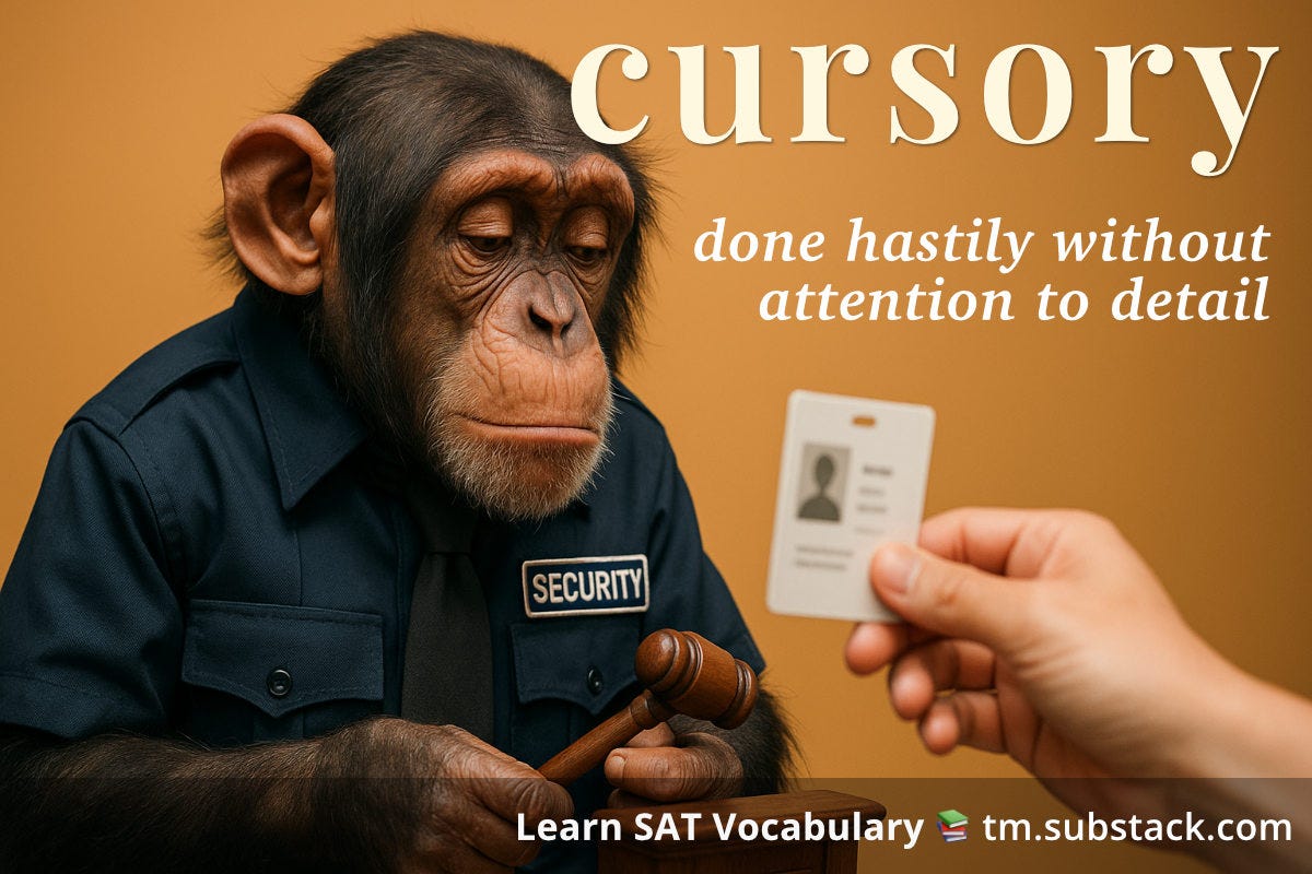 Illustration of a chimpanzee hastily looking at an ID card; used to illustrate the SAT word 'cursory'.