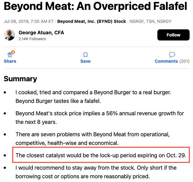 Beyond Meat An Overpriced Falafel, George Atuan’s July 2019 Seeking Alpha strong sell that called the BYND lock-up expiration as the catalyst, the same setup now facing SpaceX SPCX