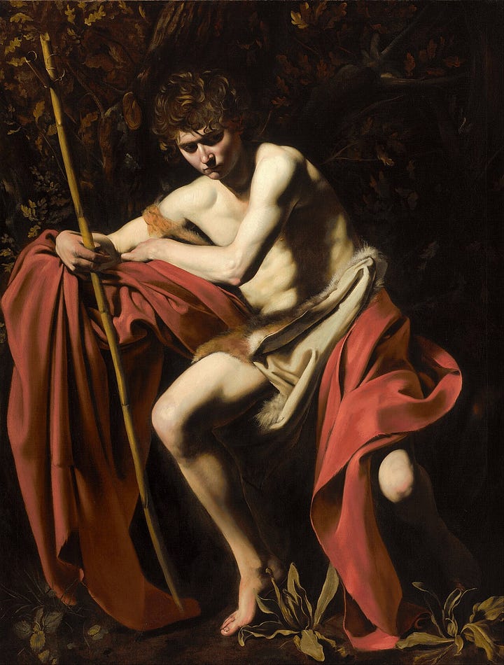 Left, Caravaggio's Saint John the Baptist in the Wilderness, a strong chiaroscuro with deep shadow. Right, Raphael's Madonna and Child with Saint John, soft sfumato with no hard edges. Chiaroscuro versus sfumato.
