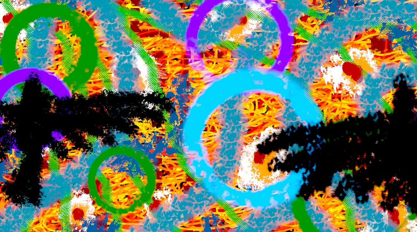 An abstract image of crow-like shapes, hovering over multiple patterns and shapes.