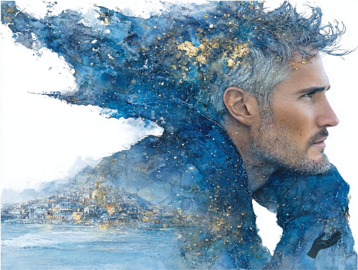 Side-profile portrait of a figure in blue tones whose hair and clothing sweep backward like wind, blending into a watery landscape.