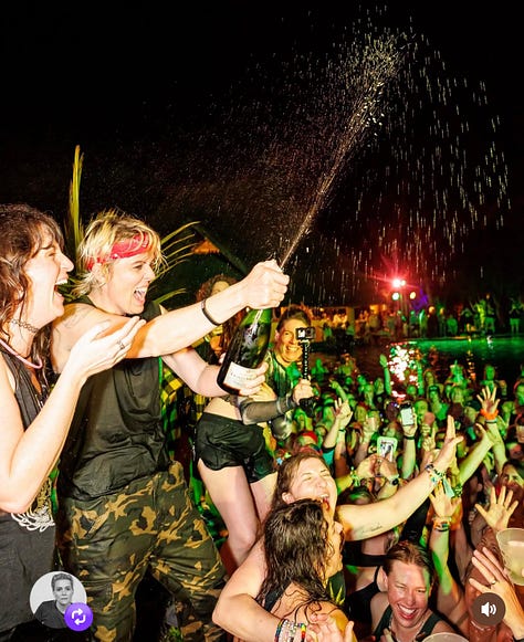 Megan Falley and Brandi Carlile spraying a pool of people with champagne, Megan Brandi and Catherine Carlile dancing in a pool fully-clothed with their hands in the air, Brandi holding Meg's hand as they are both about to fall backward into a trust fall