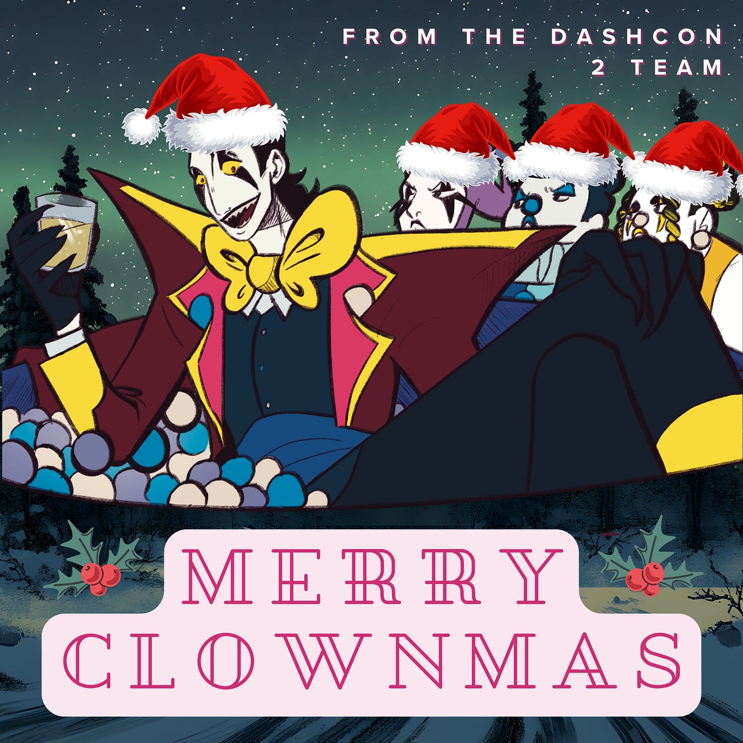 image of the four dashclowns with photoshopped christmas hats on. below is the caption "merry clownmas" 