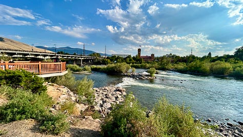 park, river, sky, sunlight, bikes, signs