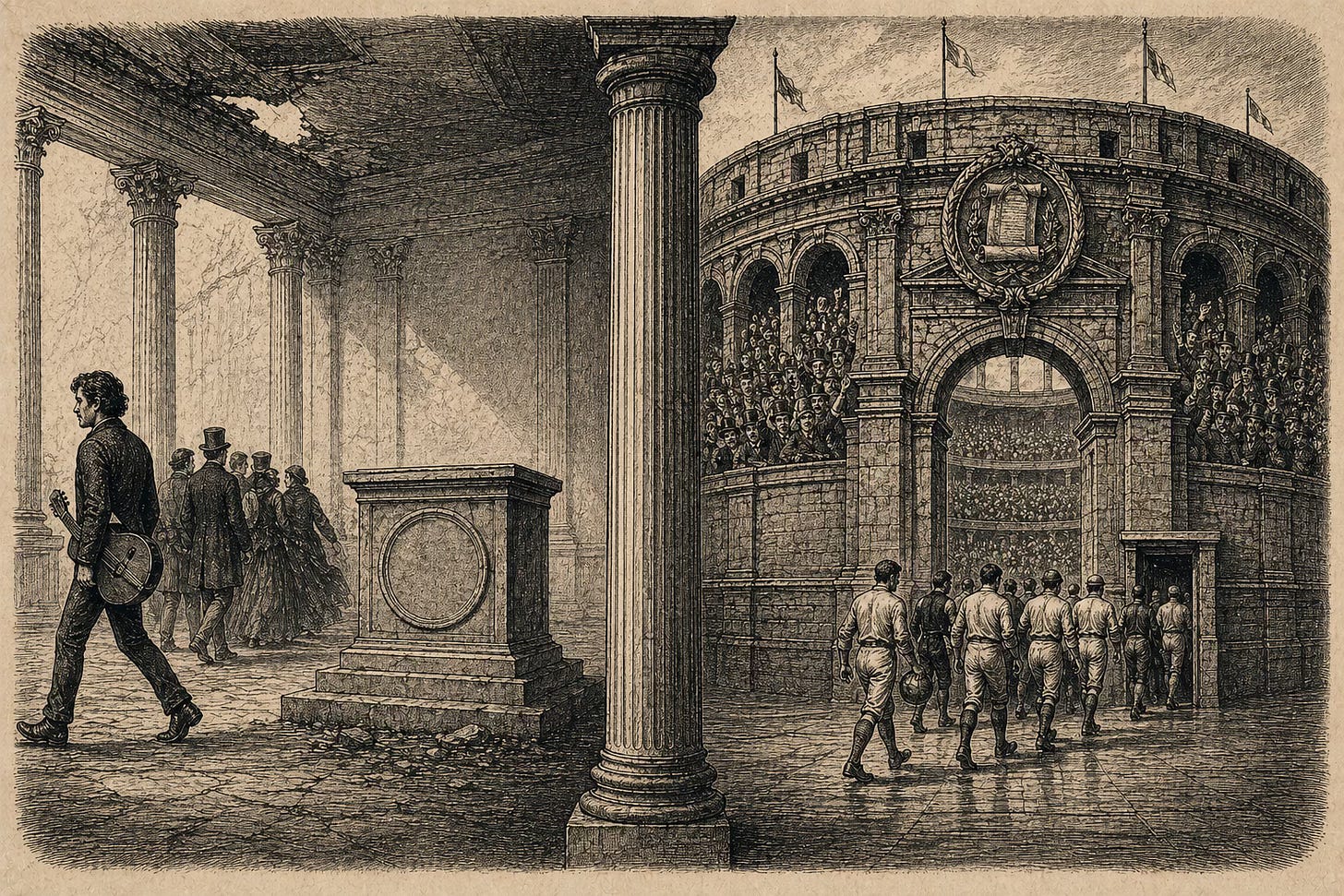 Wood-engraving editorial illustration in the Thomas Nast Harper's Weekly style for Attention Capital's essay The Sports Bond. The image is split by a central Doric column into two parallel scenes. On the left, a creator-figure walks away from a hollow pedestal as a small audience follows them out of frame, leaving an abandoned emblem behind. On the right, a vast monumental coliseum holds a packed stadium crowd that does not move as players enter and exit through a side gate, anchored by a heavy contractual seal above the archway. The composition visualizes the inverse collateral problem at the heart of Attention Capital's argument: the audience travels with the creator in the MCN model but stays with the league in the sports rights model. Wood-engraving editorial illustration in the Thomas Nast Harper's Weekly style for Attention Capital's essay The Sports Bond. The image is split by a central Doric column into two parallel scenes. On the left, a creator-figure walks away from a hollow pedestal as a small audience follows them out of frame, leaving an abandoned emblem behind. On the right, a vast monumental coliseum holds a packed stadium crowd that does not move as players enter and exit through a side gate, anchored by a heavy contractual seal above the archway. The composition visualizes the inverse collateral problem at the heart of Attention Capital's argument: the audience travels with the creator in the MCN model but stays with the league in the sports rights model.