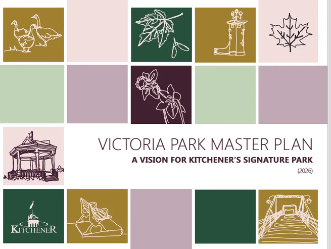 Cover image on the Victoria Park Plan with graphics showing geese, the bandstand, the bridge, and a bench.