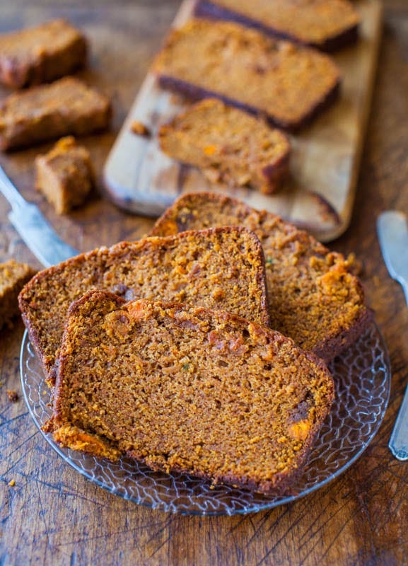 Slices of Cinnamon and Spice Sweet Potato Bread on a plate. 