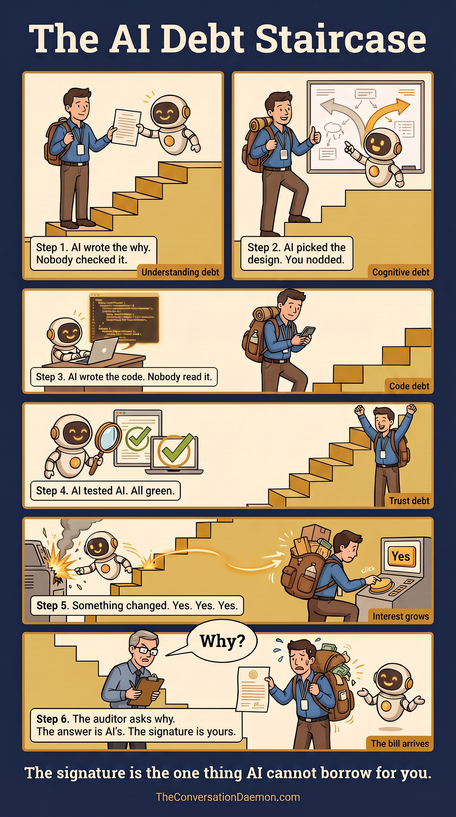 A vertical comic in six panels. A worker hands each step to a robot, from writing the why to testing its own code, until an auditor asks why and the worker holds an answer the robot made. Placement: end of "Two companies," before "What to call it." The comic's debt tags lead straight into the naming section. A vertical comic in six panels. A worker hands each step to a robot, from writing the why to testing its own code, until an auditor asks why and the worker holds an answer the robot made. Placement: end of "Two companies," before "What to call it." The comic's debt tags lead straight into the naming section.