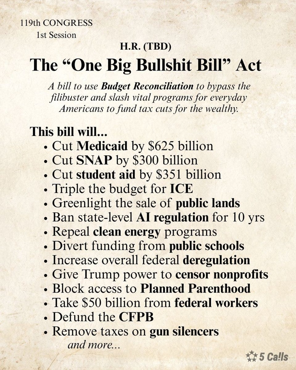 Details for what provisions are currently in the House's budget proposal, including Cut Medicaid by $625 billion • Cut SNAP by $300 billion • Cut student aid by $351 billion • Triple the budget for ICE • Greenlight the sale of public lands • Ban state-level Al regulation for 10 yrs • Repeal clean energy programs