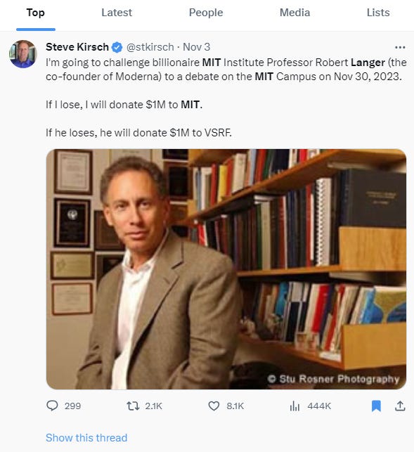 I just offered MIT Institute Professor Robert Langer $10M to debate me about COVID vaccine safety on Nov 30 at MIT