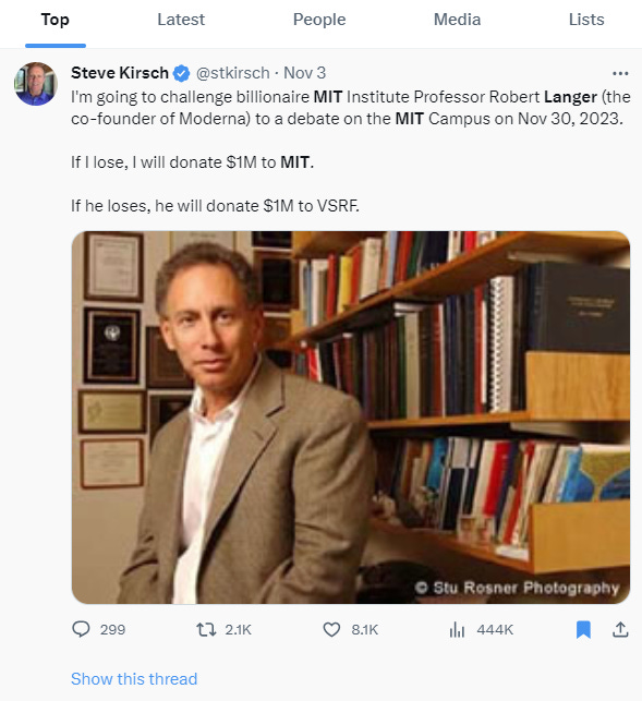 My original offer was $1M. I'm now upping it to $10M so we can debate the science. Professor Langer can invite as many people as he needs. I will be alone and will have one hand tied behind my back. Langer's h-index is a stratospheric 316. Mine is 7. He will lose if he accepts.