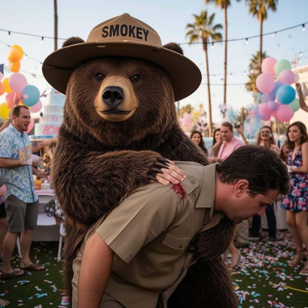 Smokey the bear in his ranger hat with "SMOKEY" on the hat, raping a man from behind at a gender reveal party in SoCal