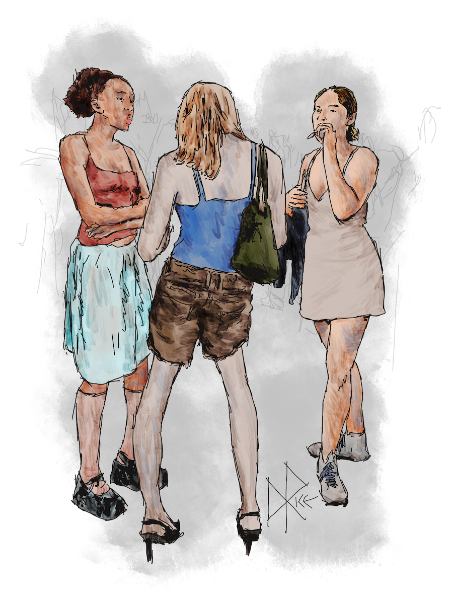 Three women stand outdoors at a party, about to combust some indica. Sketch art by Don Rice.