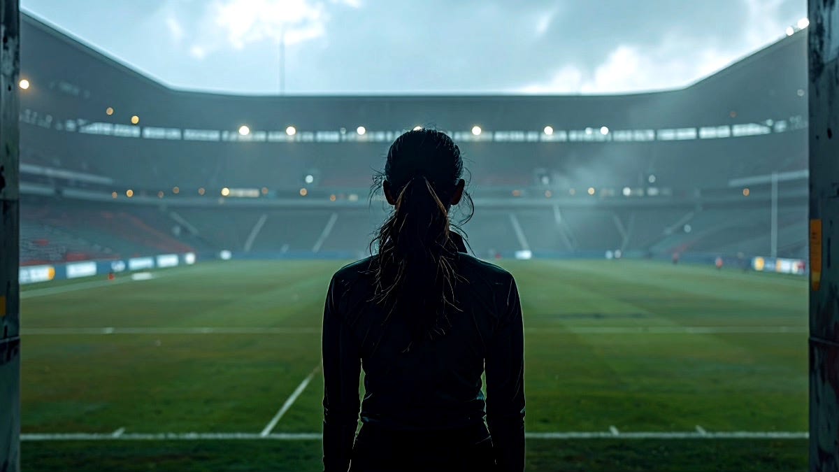 Woman standing looking out over sports pitch stadium Woman standing looking out over sports pitch stadium