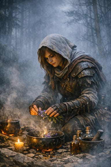Clarion making wolfsbane potion in forest without wolves Clarion making wolfsbane potion in forest without wolves