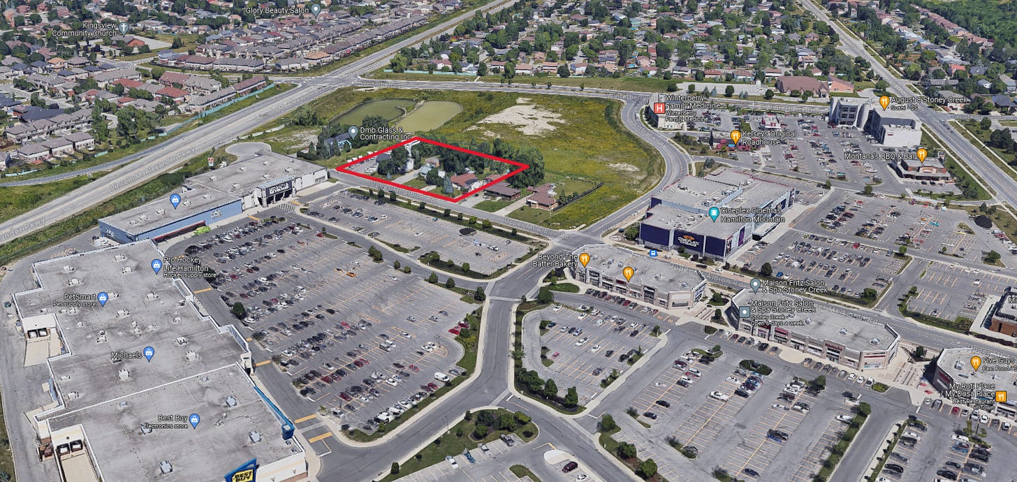 map of the Upper Mount Albion area featuring power centres and the proposed development across the street from a large parking lot map of the Upper Mount Albion area featuring power centres and the proposed development across the street from a large parking lot