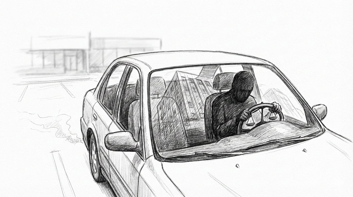 Black and white pencil sketch of a parked sedan in an office parking lot, viewed from the front side, with a dark silhouette of a driver gripping the steering wheel shaped like a balance scale, an office building reflected in the windshield, and faint exhaust drifting behind the car. Black and white pencil sketch of a parked sedan in an office parking lot, viewed from the front side, with a dark silhouette of a driver gripping the steering wheel shaped like a balance scale, an office building reflected in the windshield, and faint exhaust drifting behind the car.