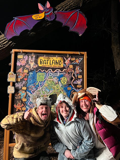 First image is a picture of an upright painted bat with pink ears hanging on a tree, second image is the entry way to the Batland Exhibit + Save the Woods party, next is a painted sign on fabric that reads KEEP ASHEVILLE GREEN, fourth is an image of the Batland Exhibit sign with Spencer Beals, my daughter, and me, fifth is a close up of the Batland Exhibit sign which is a map of the woods showing where the bats are placed- sixth is an image of a party goer with large homemade see- through bat wings posing in front of the sign, sevent is a home made painted sign that reads 'Chancellor to Helene "Hold My Beer! Watch Me Take All the Trees!" eight is an image of Spencer's painting titled "Eyes of Appalachia" and finally we have a hand made carrier pigion on a tree as part of the exhibit.